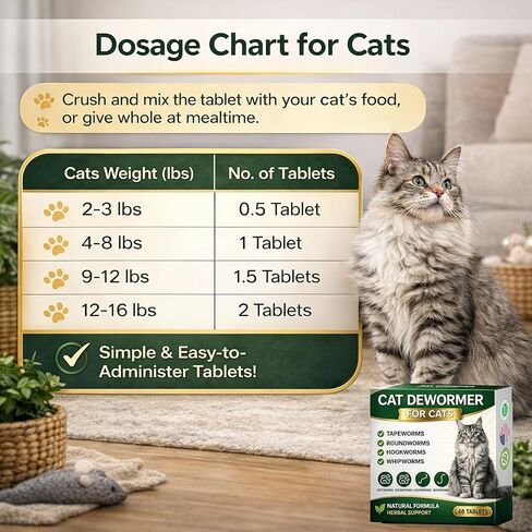 Dewormer for Cats, Broad Spectrum Dewormers for Cats and Kittens, Cat Dewormer for All wormers, Hookworms, Whipworms, Tapeworms & Roundworms, Promotes Digestive Comfort & Daily Balance, 48 Tablets in Kuwait