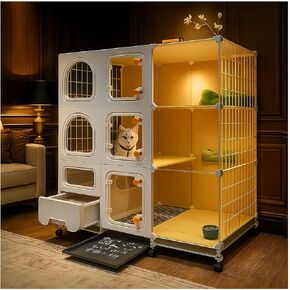Cat Cage Indoor with Litter Box, Complimentary Bed, Bowl, Cleaning Three Piece Set, Large Cat Enclosure, Cat House with Wheels Outdoor, Small Animal Cage Cat Kennel, White, 41.8(L) x 18.1(W) x 46.1(H) in Kuwait