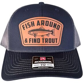 BUBBLEHEAD INK 'Fish Around and Find Trout' Funny Fly Fishing Hat for Men, Leather Patch Trucker Hat, Richardson 112 Snapback, Trout Fishing Gift for Dad, Husband, Boyfriend Black in Kuwait
