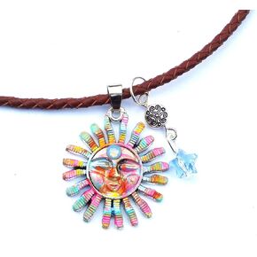 Handmade Boho Sun Face and Star Pendant Braided Leather Necklace with Hand Painted Accents Bohemian Jewelry for Women Teen Girls in Kuwait