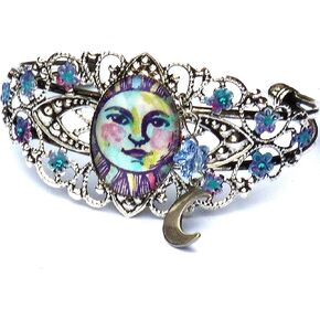 Boho Style Silver Plated Filigree Sun Face Cuff Bracelet with Painted Flower Accents Sparkling Crystal Rhinestones Celestial Jewelry in Kuwait