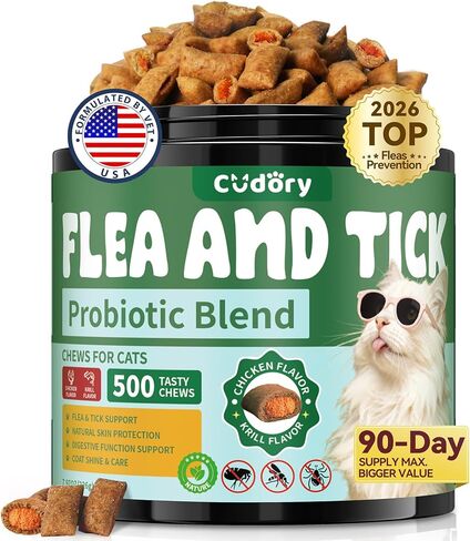 Flea and Tick Prevention for Cats, 500 Cat Flea Treatment with Probiotics Chewables, Crunchy & Creamy Treats Natural Oral Flea Supplement with Skin & Coat, Digestive Support - Chicken, Krill Flavor in Kuwait