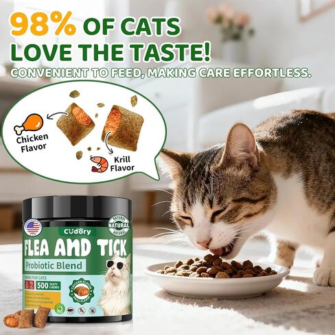 Flea and Tick Prevention for Cats, 500 Cat Flea Treatment with Probiotics Chewables, Crunchy & Creamy Treats Natural Oral Flea Supplement with Skin & Coat, Digestive Support - Chicken, Krill Flavor in Kuwait