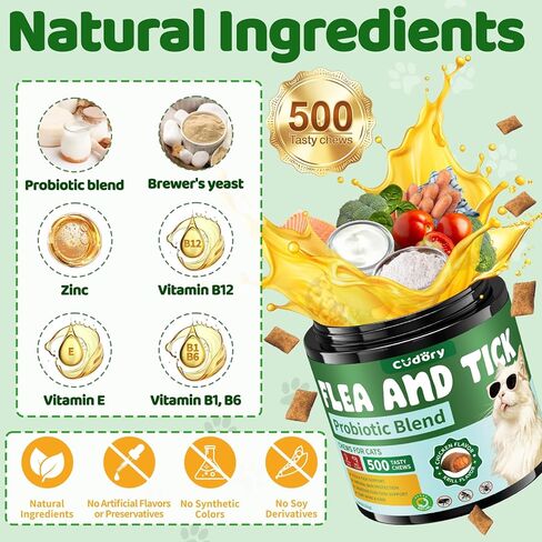 Flea and Tick Prevention for Cats, 500 Cat Flea Treatment with Probiotics Chewables, Crunchy & Creamy Treats Natural Oral Flea Supplement with Skin & Coat, Digestive Support - Chicken, Krill Flavor in Kuwait