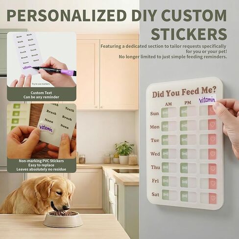 Puppy Feeding Schedule Chart, Dog Fed Sign Magnetic/Adhesive 2in1 Reminder Sticker, Daily Am/Pm Chart Acrylic Slider Sign for Pet Fed and Pill Reminder, Customized Reminder Area with DIY Stickers in Kuwait