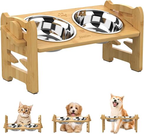 Jovrun Elevated Dog Bowls, Adjustable Raised Dog Bowl Stand for Small Size Dogs and Cats, 15°Tilted Elevated Cat Bowls, Durable Bamboo Dogs Feeder with 2 Stainless Steel Bowls and Non-Slip Feet in Kuwait