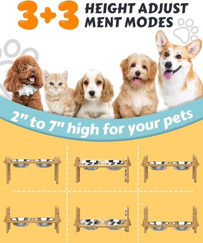 Jovrun Elevated Dog Bowls, Adjustable Raised Dog Bowl Stand for Small Size Dogs and Cats, 15°Tilted Elevated Cat Bowls, Durable Bamboo Dogs Feeder with 2 Stainless Steel Bowls and Non-Slip Feet in Kuwait