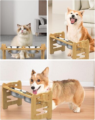 Jovrun Elevated Dog Bowls, Adjustable Raised Dog Bowl Stand for Small Size Dogs and Cats, 15°Tilted Elevated Cat Bowls, Durable Bamboo Dogs Feeder with 2 Stainless Steel Bowls and Non-Slip Feet in Kuwait