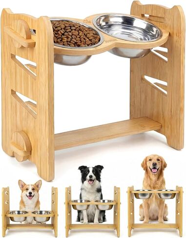 Jovrun Elevated Dog Bowls, Adjustable Raised Dog Bowl Stand for Small Size Dogs and Cats, 15°Tilted Elevated Cat Bowls, Durable Bamboo Dogs Feeder with 2 Stainless Steel Bowls and Non-Slip Feet in Kuwait