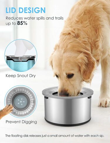 Heouvo 1 Gallon Large Dog Water Bowl No Spill,【Anti Digging Lid & Rubber Bottom】 Spill Proof Dog Bowl, Anti Splash Mess Dripless Slow Drinking Stainless Steel Water for Sloppy Messy Drinkers Car in Kuwait