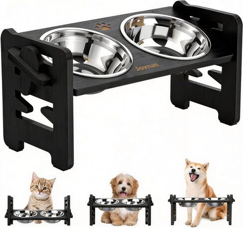Jovrun Elevated Dog Bowls, Adjustable Raised Dog Bowl Stand for Small Size Dogs and Cats, 15°Tilted Elevated Cat Bowls, Durable Bamboo Dogs Feeder with 2 Stainless Steel Bowls and Non-Slip Feet in Kuwait