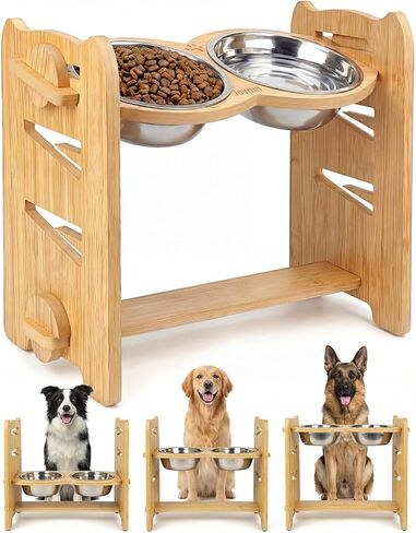 Jovrun Elevated Dog Bowls, Adjustable Raised Dog Bowl Stand for Small Size Dogs and Cats, 15°Tilted Elevated Cat Bowls, Durable Bamboo Dogs Feeder with 2 Stainless Steel Bowls and Non-Slip Feet in Kuwait