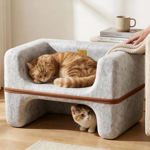 Cat Bed for Indoor Cats, 2-Tier Cat Cave Bed with Top Lounge & Lower Hideaway, Washable PET Felt Cat Sofa for Living Room, Bedroom, Apartment, Scratch-Friendly Cat Furniture, Light Gray in Kuwait
