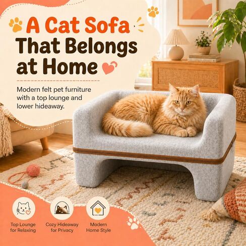 Cat Bed for Indoor Cats, 2-Tier Cat Cave Bed with Top Lounge & Lower Hideaway, Washable PET Felt Cat Sofa for Living Room, Bedroom, Apartment, Scratch-Friendly Cat Furniture, Light Gray in Kuwait