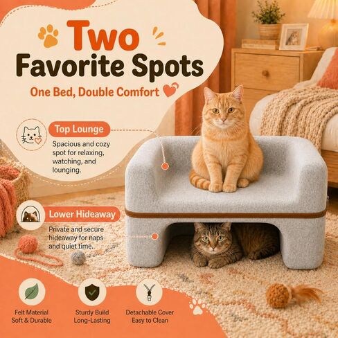 Cat Bed for Indoor Cats, 2-Tier Cat Cave Bed with Top Lounge & Lower Hideaway, Washable PET Felt Cat Sofa for Living Room, Bedroom, Apartment, Scratch-Friendly Cat Furniture, Light Gray in Kuwait