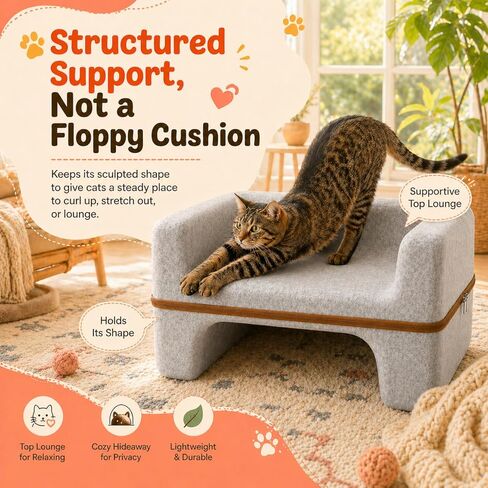 Cat Bed for Indoor Cats, 2-Tier Cat Cave Bed with Top Lounge & Lower Hideaway, Washable PET Felt Cat Sofa for Living Room, Bedroom, Apartment, Scratch-Friendly Cat Furniture, Light Gray in Kuwait