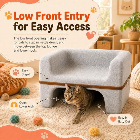 Cat Bed for Indoor Cats, 2-Tier Cat Cave Bed with Top Lounge & Lower Hideaway, Washable PET Felt Cat Sofa for Living Room, Bedroom, Apartment, Scratch-Friendly Cat Furniture, Light Gray in Kuwait