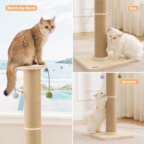 ZOMISIA 35'' Tall Cat Scratching Post, 4.7'' Large Scratch Post with Thicken Wooden Base for Indoor Cats Adults, Sisal Scratcher Top & Dangling Balls, Super Sturdy in Kuwait