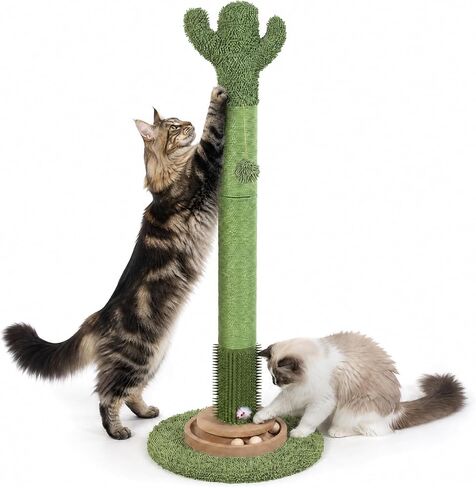 41.5" Cactus Cat Scratching Post, Heavy Duty Sisal Scratcher with Interactive Ball & Grooming Brush, Stable Anti-Tip Cat Tree for Indoor Cats & Large Cats in Kuwait