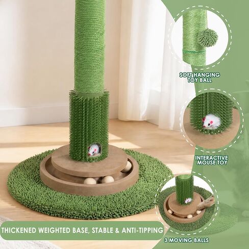 41.5" Cactus Cat Scratching Post, Heavy Duty Sisal Scratcher with Interactive Ball & Grooming Brush, Stable Anti-Tip Cat Tree for Indoor Cats & Large Cats in Kuwait