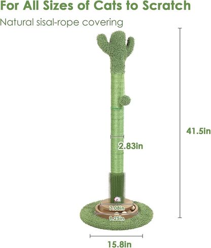 41.5" Cactus Cat Scratching Post, Heavy Duty Sisal Scratcher with Interactive Ball & Grooming Brush, Stable Anti-Tip Cat Tree for Indoor Cats & Large Cats in Kuwait