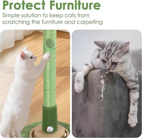 41.5" Cactus Cat Scratching Post, Heavy Duty Sisal Scratcher with Interactive Ball & Grooming Brush, Stable Anti-Tip Cat Tree for Indoor Cats & Large Cats in Kuwait