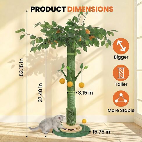 53" Extra Tall Cat Scratching Post for Large Cats, Heavy Duty Vertical Scratcher with Natural Sisal Rope, Stable Climbing Pole with Hanging Ball for Full Body Stretching in Kuwait