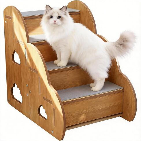 Small Dog Steps for Bed, Wooden Cat Stairs for Old Cats, Pet cat Steps for Couch Sofa Windows,4-Step Ladder,18" L x 12" W x 16" H,Suitable for Height 16-19in in Kuwait