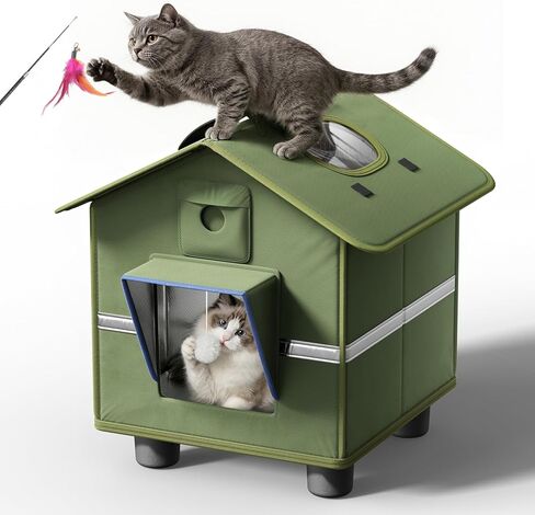 Outdoor Cat House for Outside with Elevated Base, Folding Roof Design and Cat Toys, Feral Stray Shelter Weatherproof in Garage Yard Porch, for Cats Up to 12 lbs in Kuwait
