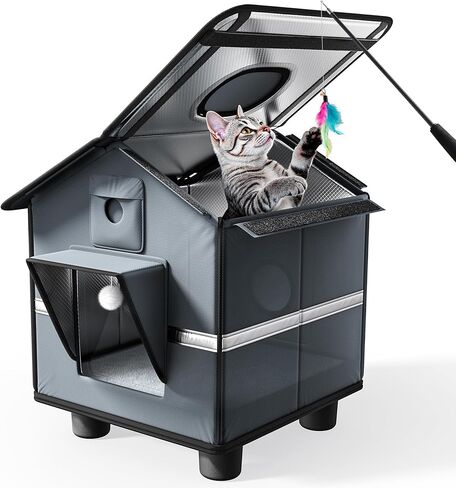 Outdoor Cat House with Raised Base & Toy Included, Weatherproof Feral Cat Shelter with Folding Roof, Insulated Warm Hideaway for All Seasons, for Cats Up to 12 lbs in Kuwait