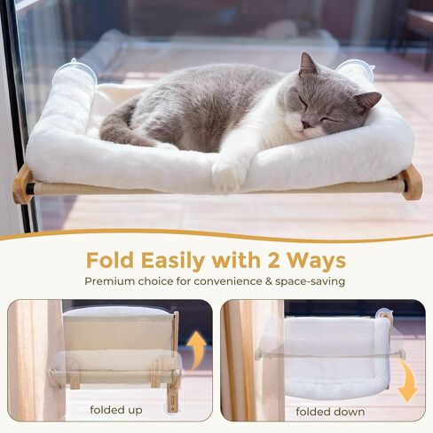 Pecute Foldable Cat Window Perch, Cloud-Soft Cat Bed with Solid Wood Frame, Strong Suction Cup, Washable Cushion, Stable Large Cats Hammock with Sided Bolster, Cats Perch Indoor for Sunbathing, 26" W in Kuwait