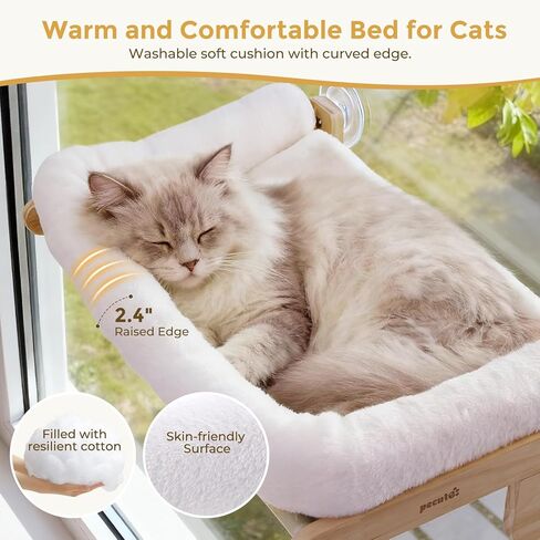 Pecute Foldable Cat Window Perch, Cloud-Soft Cat Bed with Solid Wood Frame, Strong Suction Cup, Washable Cushion, Stable Large Cats Hammock with Sided Bolster, Cats Perch Indoor for Sunbathing, 26" W in Kuwait