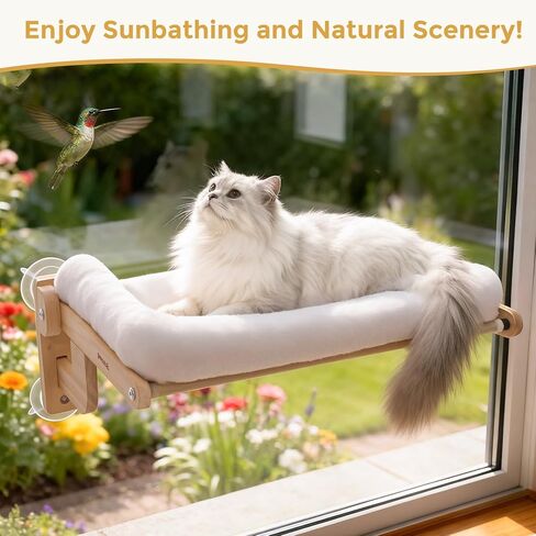 Pecute Foldable Cat Window Perch, Cloud-Soft Cat Bed with Solid Wood Frame, Strong Suction Cup, Washable Cushion, Stable Large Cats Hammock with Sided Bolster, Cats Perch Indoor for Sunbathing, 26" W in Kuwait