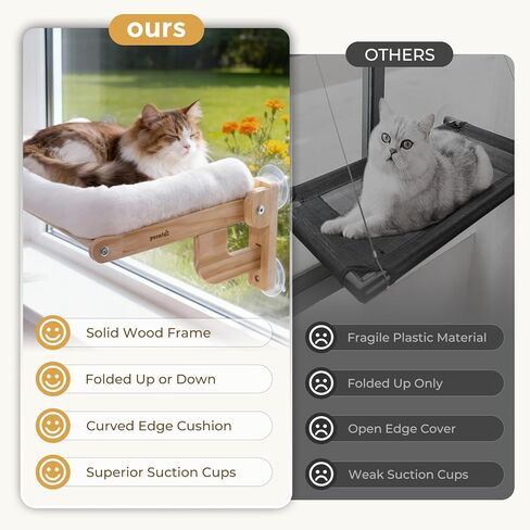 Pecute Foldable Cat Window Perch, Cloud-Soft Cat Bed with Solid Wood Frame, Strong Suction Cup, Washable Cushion, Stable Large Cats Hammock with Sided Bolster, Cats Perch Indoor for Sunbathing, 26" W in Kuwait