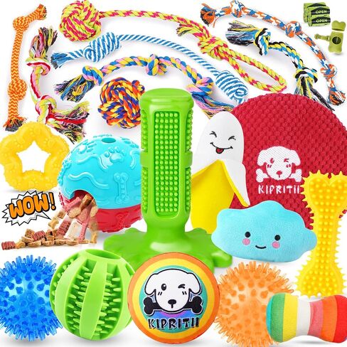 KIPRITII 25 Pack Various Dog Toys Set – Ideal for Teething, Entertainment & Interactive Play, Includes Puppy Toys, Rope Toys, Treat Balls and Squeaky Dog Toys in Kuwait
