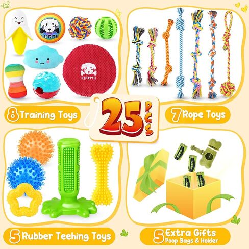 KIPRITII 25 Pack Various Dog Toys Set – Ideal for Teething, Entertainment & Interactive Play, Includes Puppy Toys, Rope Toys, Treat Balls and Squeaky Dog Toys in Kuwait