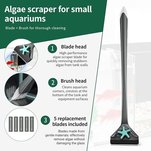 boxtech Aquarium Algae Scraper with Dual Head Design - 2 in 1 Stainless Steel Blade & Soft Brush for Small Fish Tanks, Easy Blade Replacement, Safe Glass Cleaner Tool for Aquarium Maintenance in Kuwait