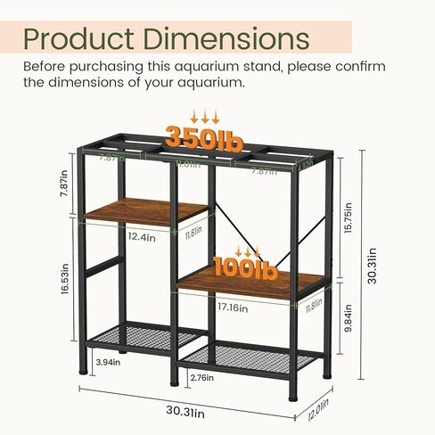Snughome 30 Gallon Aquarium Stand, Fish Tank Stand with Shelf for Storage, 3 Tier Heavy Metal Frame Fish Tank Stand, 30 Gallon Aquarium Stand for Home Office, 30.31" x 12.01" x 30.31", Rustic Brown in Kuwait