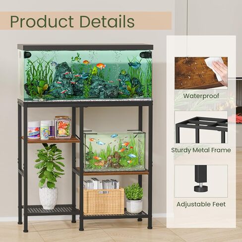 Snughome 30 Gallon Aquarium Stand, Fish Tank Stand with Shelf for Storage, 3 Tier Heavy Metal Frame Fish Tank Stand, 30 Gallon Aquarium Stand for Home Office, 30.31" x 12.01" x 30.31", Rustic Brown in Kuwait