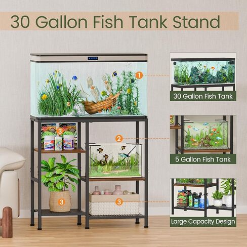 Snughome 30 Gallon Aquarium Stand, Fish Tank Stand with Shelf for Storage, 3 Tier Heavy Metal Frame Fish Tank Stand, 30 Gallon Aquarium Stand for Home Office, 30.31" x 12.01" x 30.31", Rustic Brown in Kuwait