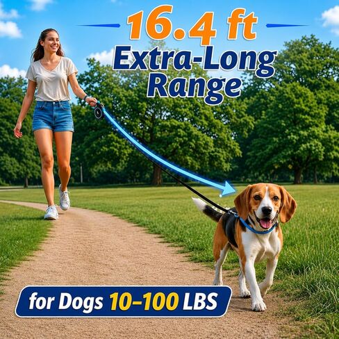 مقود كلب قابل للسحب بطول 16.4 قدم للكلاب التي يتراوح وزنها بين 10 و100 رطل - مقود شريطي شديد التحمل مع شريط نايلون قوي - تحكم في الدوران 360 درجة - فرامل وقفل بنقرة واحدة - قبضة مريحة غير قابلة للانزلاق للمشي اليومي الآمن والسهل in Kuwait