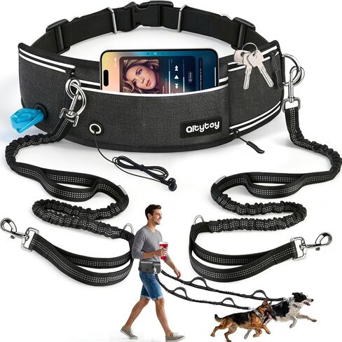 Hands Free Double Dog Leash for Two Dogs,240LB Heavy Duty Retractable with Partitioned Pouch Adjustable Waist for Walking Running Jogging Hiking Biking Training for Medium/Large(Not for＜25LBS) in Kuwait