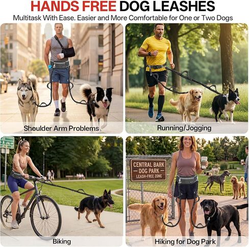 Hands Free Double Dog Leash for Two Dogs,240LB Heavy Duty Retractable with Partitioned Pouch Adjustable Waist for Walking Running Jogging Hiking Biking Training for Medium/Large(Not for＜25LBS) in Kuwait