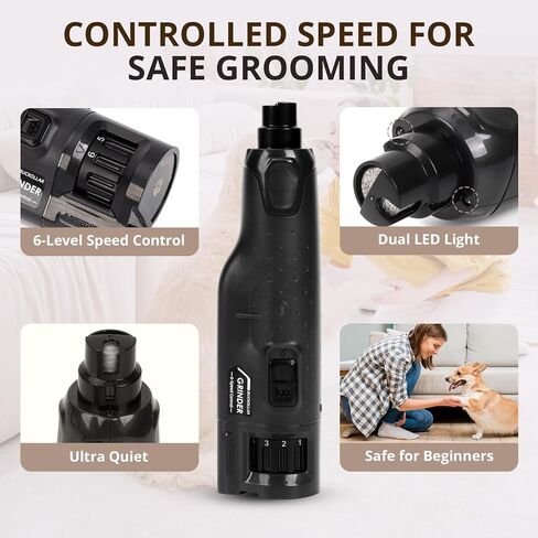 6-Speed Quiet Dog Nail Grinder with LED Light, Low-Vibration Electric Pet Nail Trimmer for Dogs and Cats, Safe Grooming Kit for Beginners, Complete Set with Storage Case in Kuwait