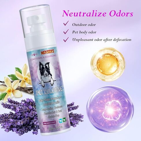 Dog Cologne Spray Long Lasting Baby Powder Scent Perfume Conditioner for Dogs Cats Grooming Smooth Hair Keep Fresh Smell Control Odors Reduce Static Detangles, Natural Non-Sticky 3.4 fl oz in Kuwait