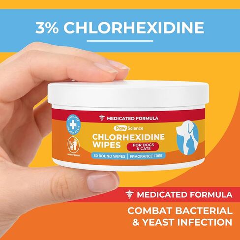 Paw Science 3% Chlorhexidine Wipes for Dogs and Cats - Cleansing Antiseptic, Antibacterial, Antifungal Wipes with Aloe for Skin Infections, Itchy Yeast Paws, Cat Acne in Kuwait