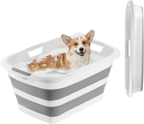 VEVOR Dog Bathtub, Elevated Dog Bath Tub, 2 in 1 Collapsible Pet Bathing Grooming Wash Station, Portable Foldable Space-Saving, Built-in Drain Outlet with Drain Hose for Small Pet Cat, Gray & White in Kuwait