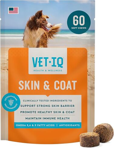 VetIQ Skin and Coat Supplement for Dogs, Helps Maintain Healthy Skin and Shiny Coat, Hickory Smoke Flavor Dog Chew, Made in The USA, 90 Count in Kuwait