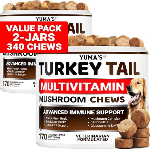 Turkey Tail Mushroom for Dogs - 170 Count - Mushroom Chews for Dogs Lipoma Lumps and Bumps - Immune Health, Digestive, Skin, Energy, Joint Vitamin Support Guard Buddy - Multivitamin Supplement in Kuwait