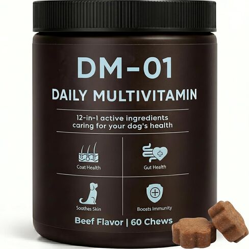 DM-01 فيتامينات يومية متعددة، مضغ متعدد الفيتامينات لتخفيف الحكة للكلاب، مع حمض الفوليك وزيت السلمون والكوندرويتين والفيتامينات الطبيعية، بشرة ومعطف صحي وهضمي وتعزيز المناعة، 60 مضغ (لحم بقر) in Kuwait